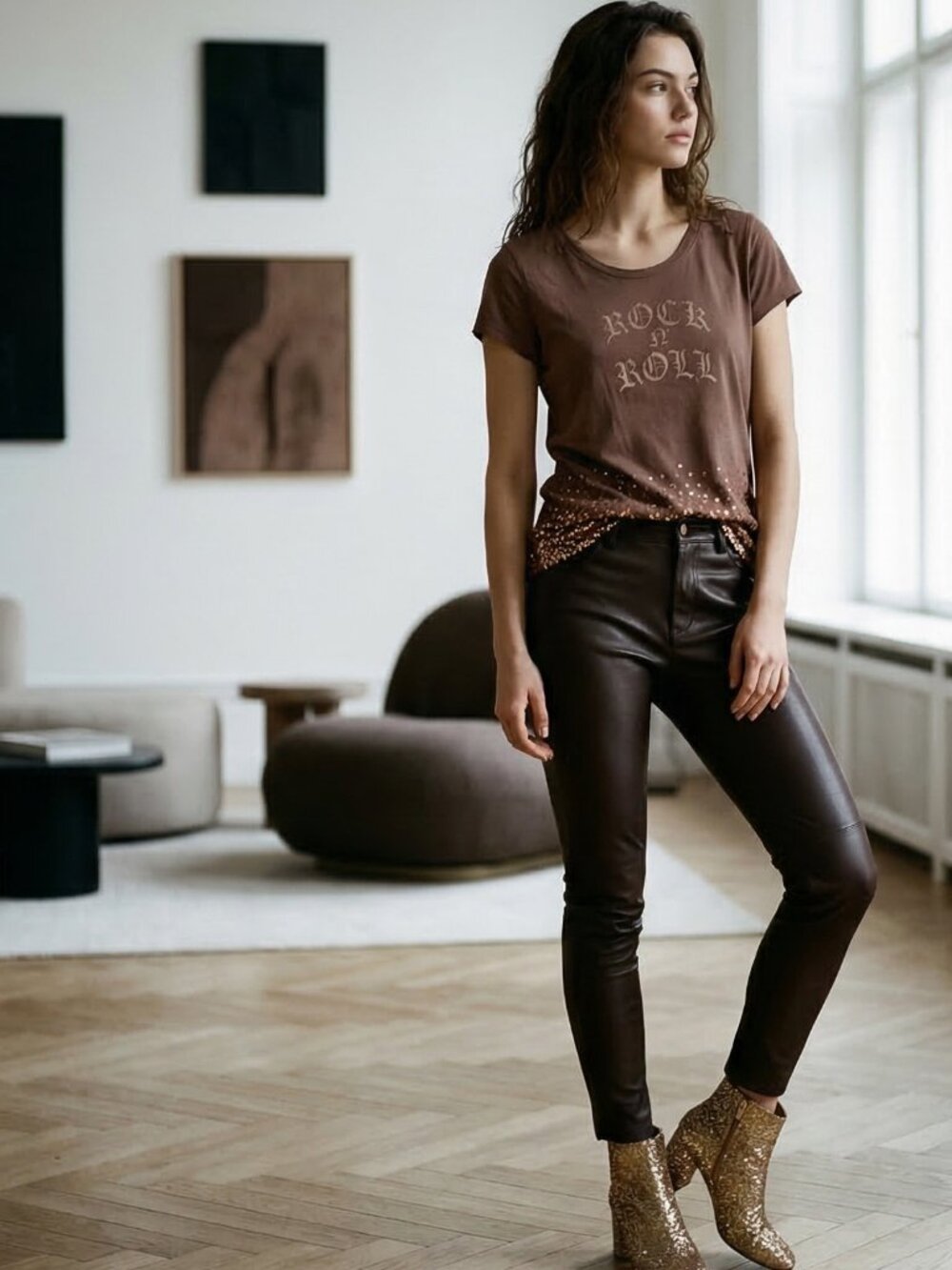 Cool Shimmery Maurice’s Copper Gold Sequins Rock-n-Roll Brown Short Sleeve Top - Picture 8 of 16